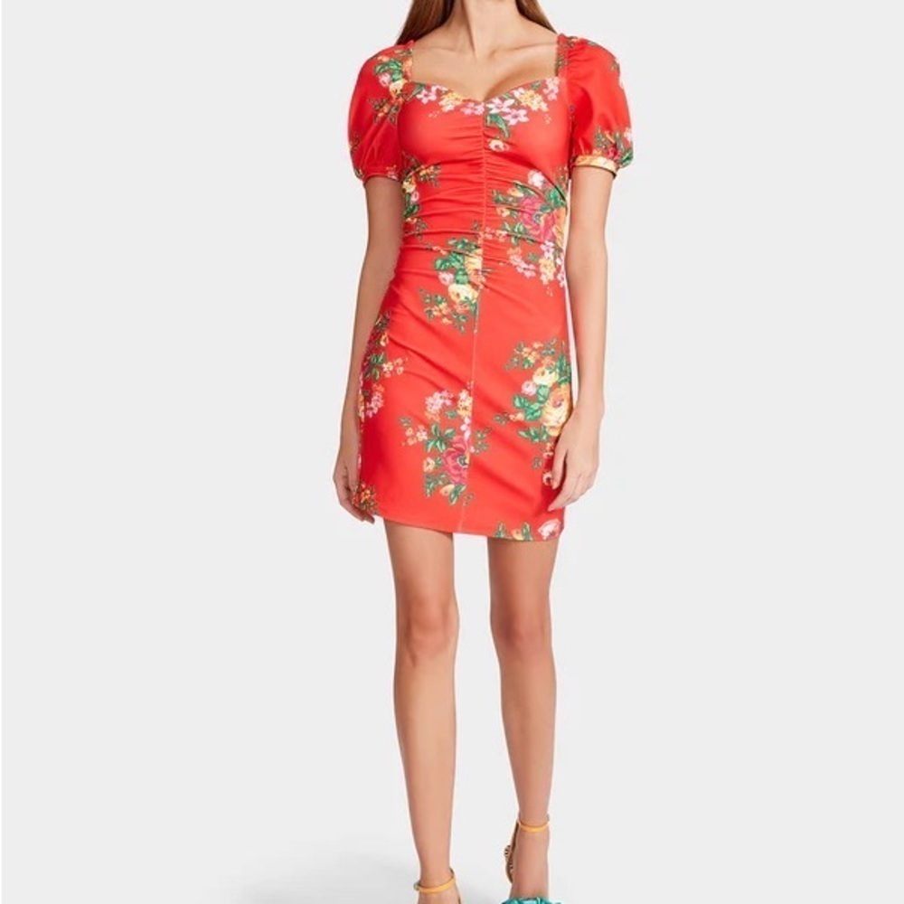 Betsey Johnson Womens Fire Flower Dress Milkmaid Floral Red Puff Sleeve Retro‎